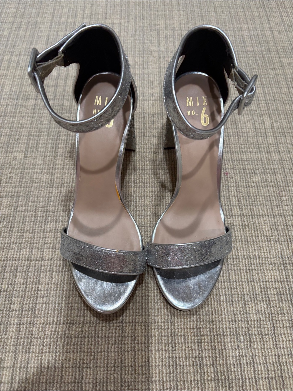 Mix No. 6 Metallic Silver Ankle-Strap Block Heels